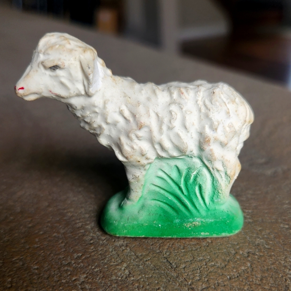 Vintage 1950s Plaster Nativity Sheep Lamb Figure 2.5" Tall Chalkware